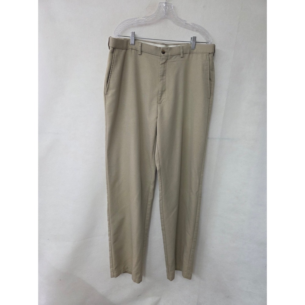 Haggar Dress Slacks Men 38x34 Khaki Tan Herringbone Flat Front Straight Trousers